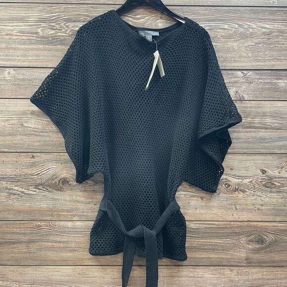 Josephine Chaus Black Open Knit Kimono Top Sweater Belted SZ M C101708 - Picture 1 of 10